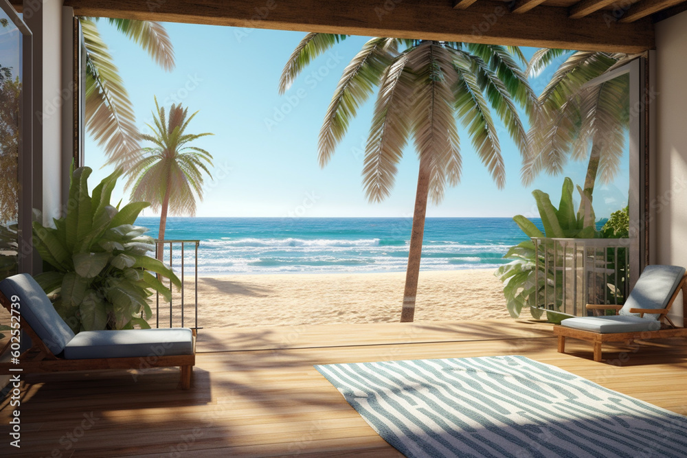 Aufkleber A sunny day at the beach with a view of the ocean and palm trees. Generative AI technology