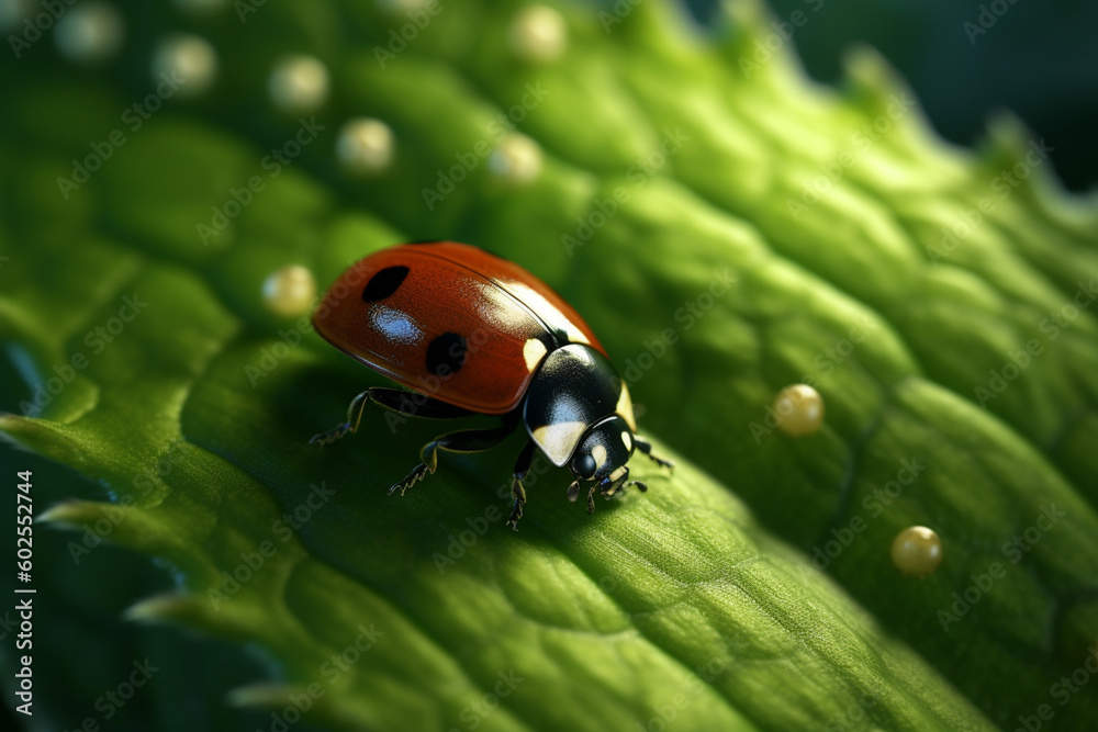 Poster close-up of a ladybug on a green leaf . generative ai technology