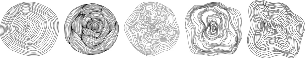 Abstract tree rings. Topographic map concept set. Collection for background. Thin black lines on white shapes.