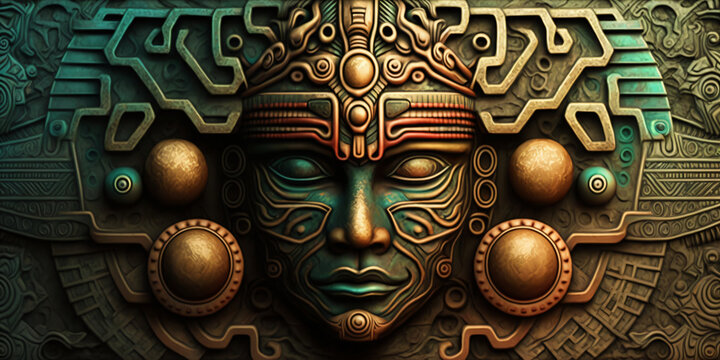 metallic fantasy portrait, mayan relief ornament, symmetrical alien wall design, generative ai