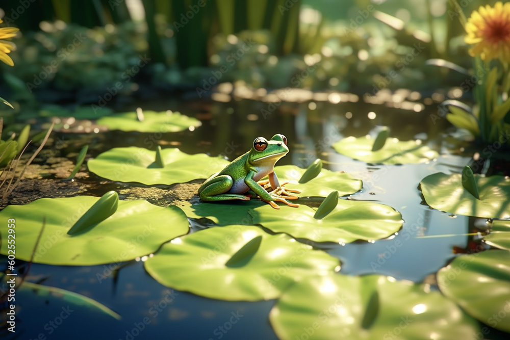Poster A pond with lily pads and a frog sitting on one. Generative AI technology