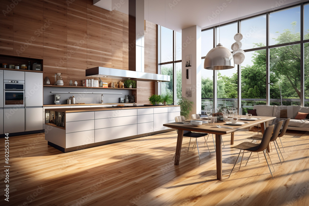 Poster A modern kitchen with an open floor plan and large windows.  Generative AI technology