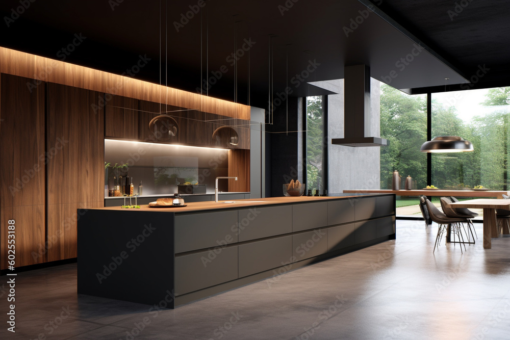 Poster a sleek and sophisticated kitchen with a waterfall countertop. generative ai technology