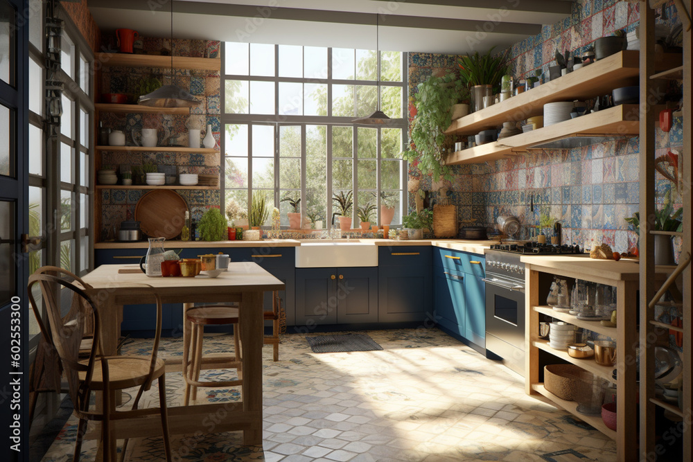 Poster  A kitchen with an eclectic mix of patterns and textures Generative AI technology