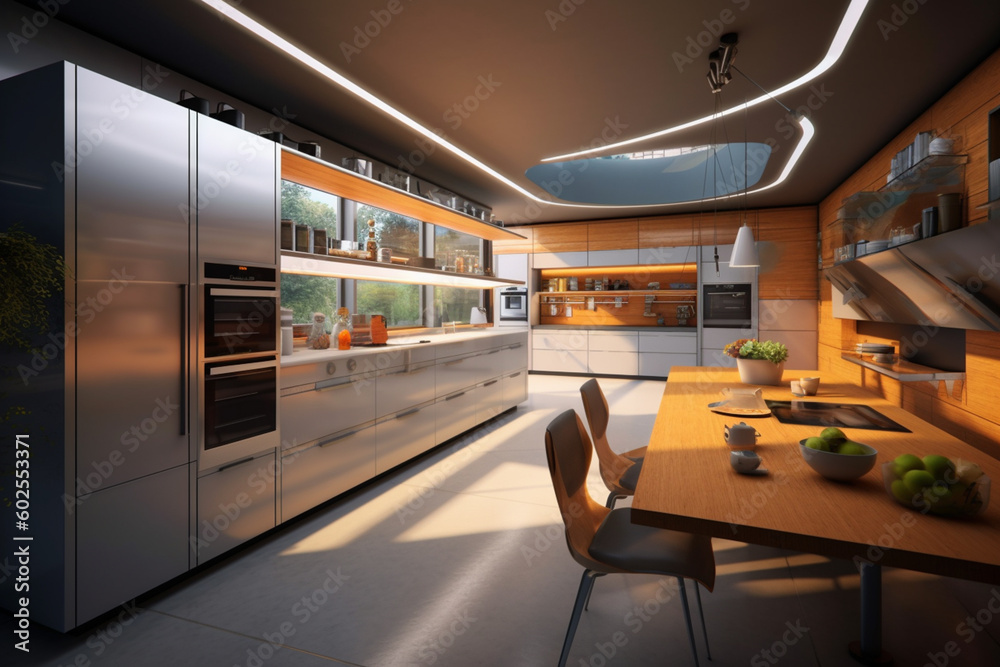 Poster A high-tech kitchen with smart appliances and sleek design. Generative AI technology