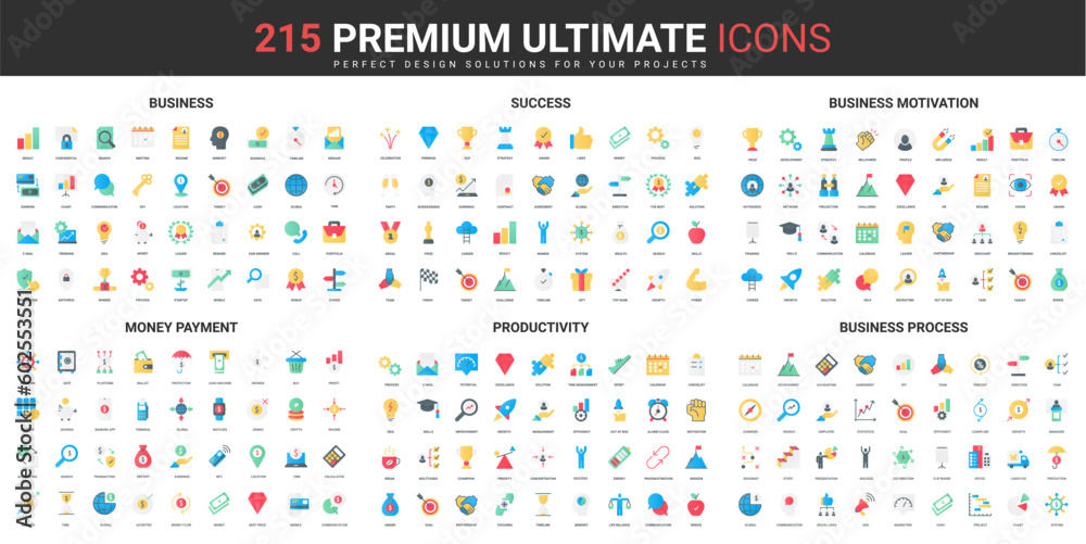 Aufkleber business success color flat icons set vector illustration. abstract symbols of business processes or