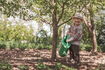 A cute boy in a hat plants and waters seedlings from a watering can in a summer garden, outdoors. The concept of gardening and teaching a child to work.