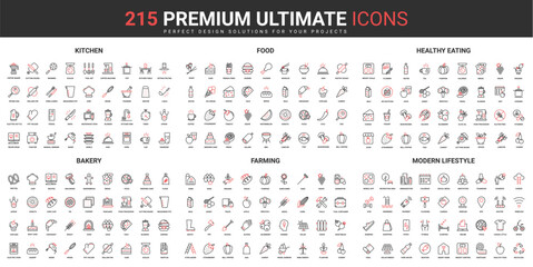 Healthy eating, modern lifestyle, kitchen and bakery equipment thin line red black icons set vector illustration. Abstract symbols agriculture farming, organic food simple design for mobile, web apps