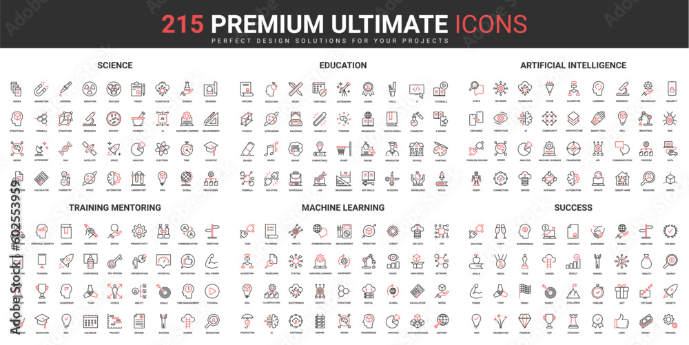 Aufkleber science, education and artificial intelligence technology thin line red black icons set vector illus