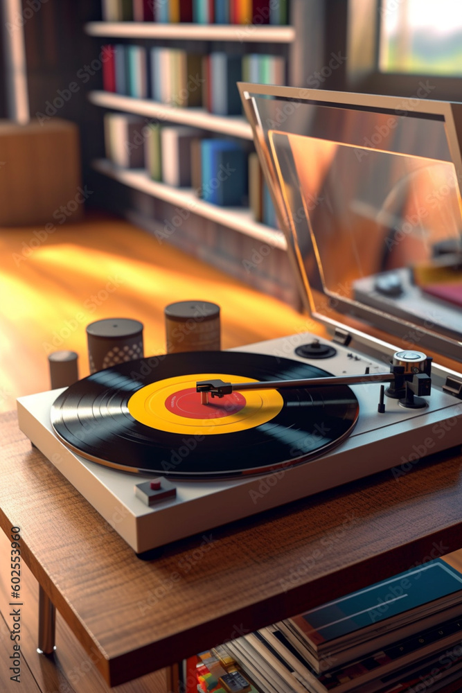 Aufkleber a vintage record player with vinyl records on display. generative ai technology