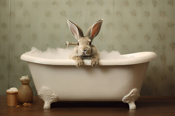 rabbit sitting in bathtub, ai generated