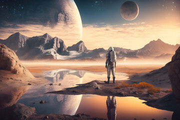 Astronaut Standing OnThe Surface Of A Distant Planet Background