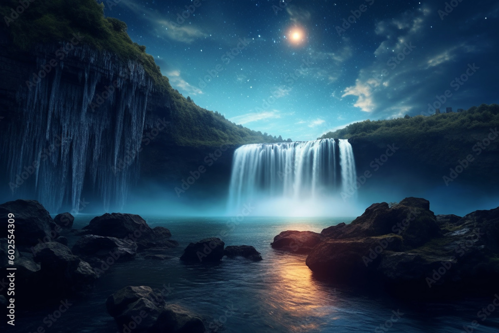 Poster a majestic waterfall with a starry night sky and a crescent moon in the background. generative ai te