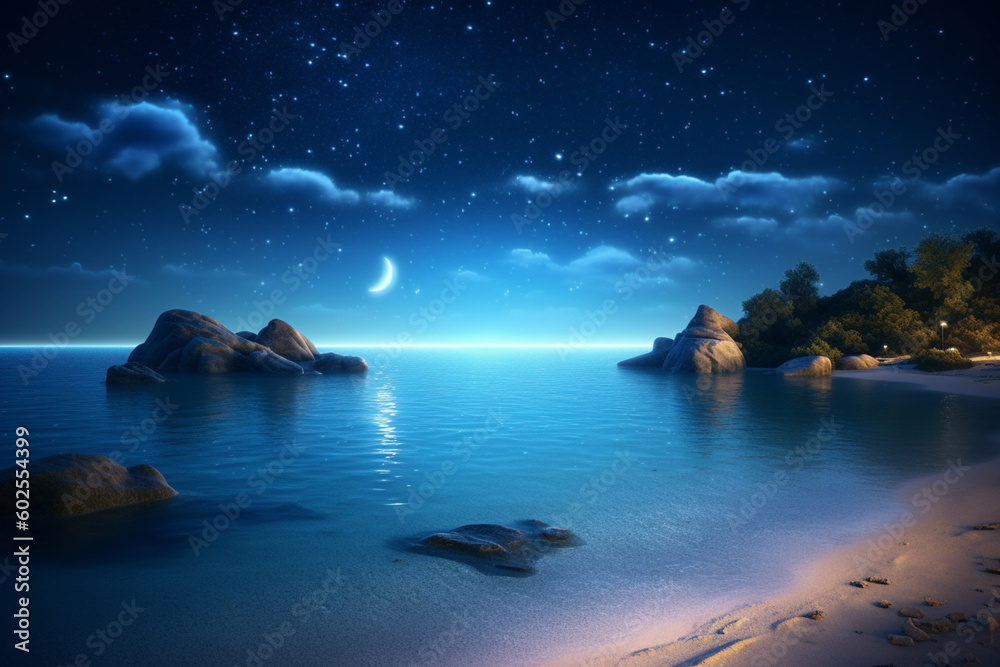 Fototapete a serene ocean view with a crescent moon and starry sky in the background. generative ai technology