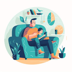 Father and child watching TV: A cozy and relaxing of a father and child snuggled up on the couch, enjoying a favorite movie or TV show together, creating memories to last a lifetime. Generative AI.