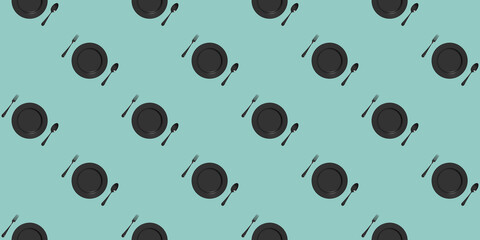 pattern. kitchen utensils on a pastel green blue background. fork, spoon, plate. Template for surface application. Flat lay. Horizontal image. 3D image. 3D rendering. Banner for insertion into site.