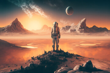 Astronaut Standing OnThe Surface Of A Distant Planet Background