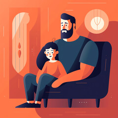 Father and child watching TV: A cozy and relaxing of a father and child snuggled up on the couch, enjoying a favorite movie or TV show together, creating memories to last a lifetime. Generative AI.