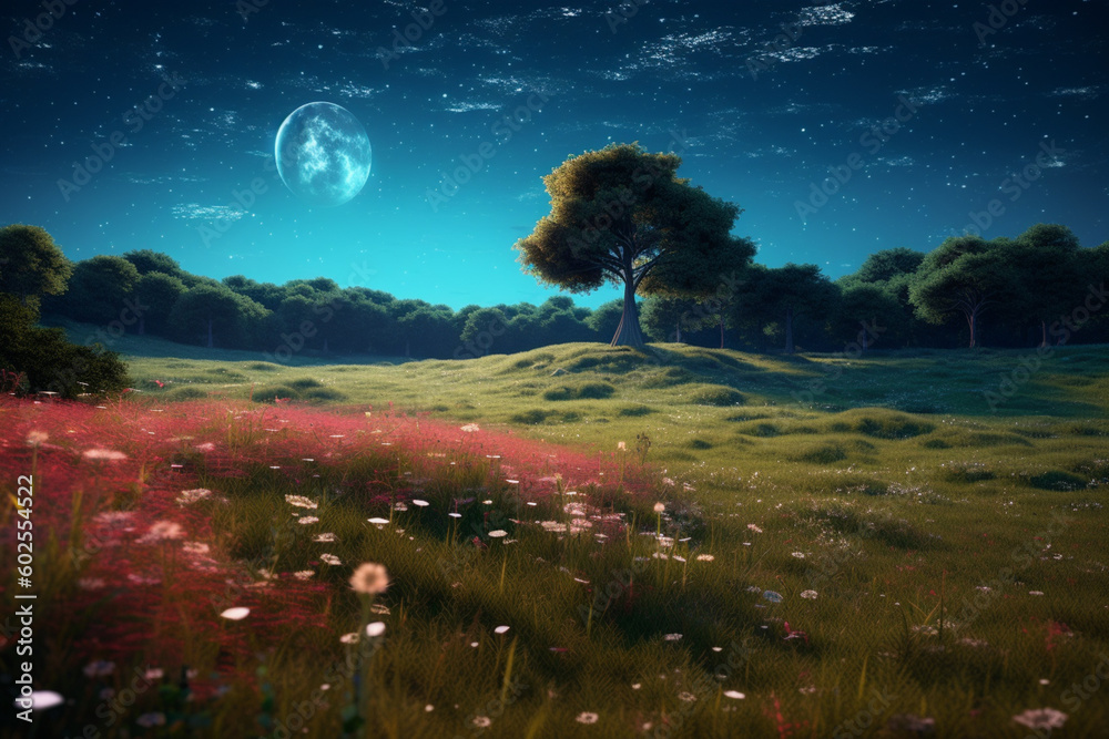 Poster an enchanted meadow with a starry night sky and a full moon casting a magical glow. generative ai te