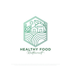 Organic Food Restaurant logo design with line art style , a restaurant with a rural concept that provides traditional organic food and drinks line art vector illustration - obrazy, fototapety, plakaty