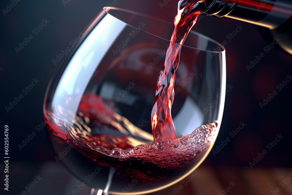 Poster a close-up shot of a wine pourer pouring red wine into a glass, showcasing the rich color and textur