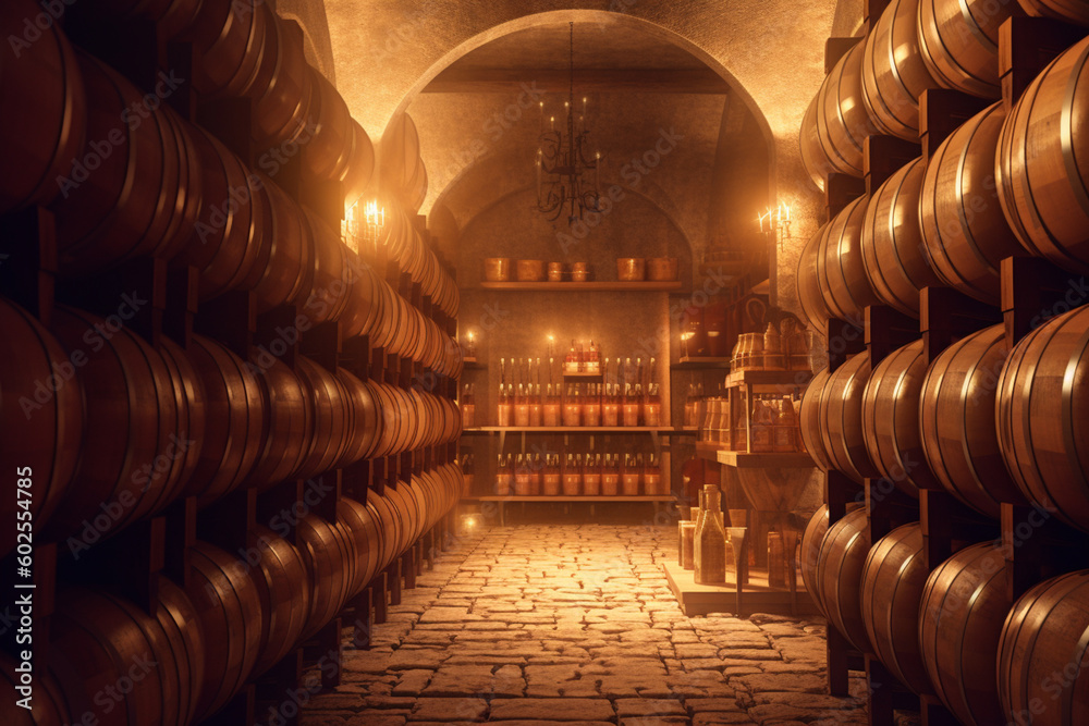 Poster A wine cellar filled with oak barrels, representing the maturation process and storage of wine.  Generative AI technology