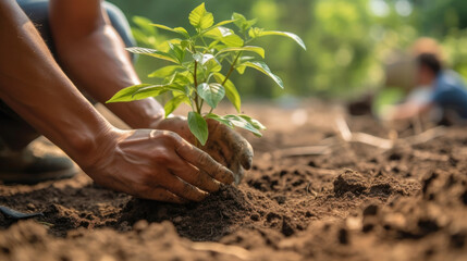 Fototapeta premium Person is planting trees or working in a community garden to promote local food production and habitat restoration. Generative AI