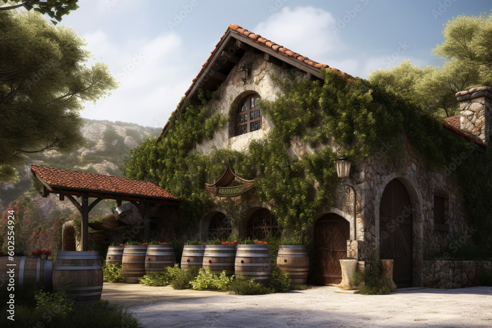 Aufkleber A winery building with a rustic exterior and vine-covered walls, evoking a sense of tradition and craftsmanship. Generative AI technology
