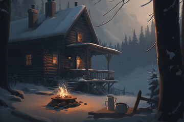 Cozy Cabin In The Woods Surrounded By Snow, Winter Background