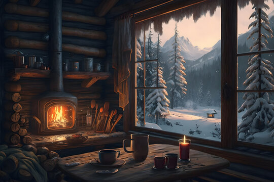 Cozy Cabin In The Woods Surrounded By Snow, Winter Background