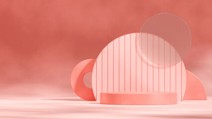 glass circle and shape backdrop, 3d render template mockup pink color cylinder podium in landscape