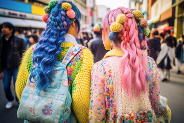 Back view of young woman in Japanese Harajuku street fashion style with bright colored hair and cute clothes. Generative AI illustration - obrazy, fototapety, plakaty