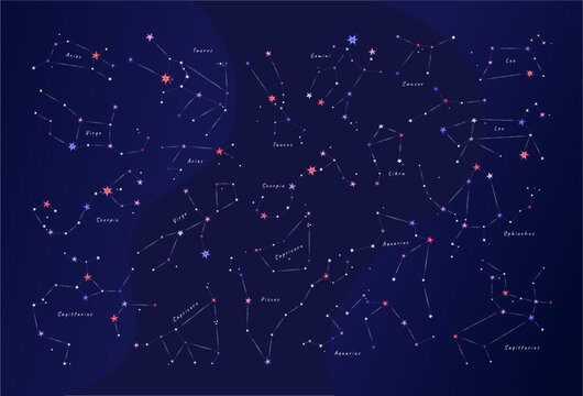 Different versions of zodiacal constellations on deep blue. Set of vector illustrations EPS 10.