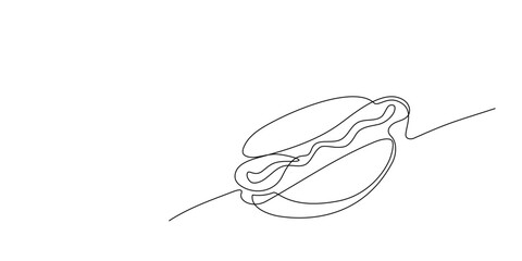 One continuous line drawing of American hot dog with sausage. Single line of fast food hotdog for restaurant menu, poster or banner in simple linear style. Sketch doodle vector illustration. Line art