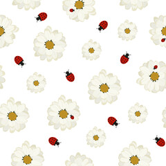 Seamless vector pattern of Daisies with Ladybug. Wallpaper image with flowers. Colored summer packaging.