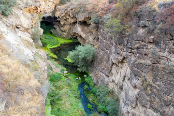 View of Vorotan river under the Devil's Bridge on cloudy summer day. Tatev, Syunik Province, Armenia.