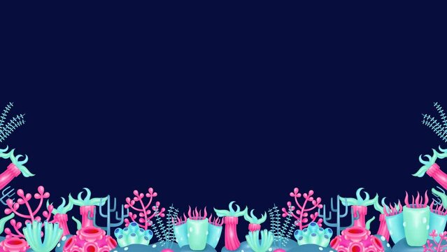 Coral reef and beautifully colored sea anemone moving under the sea, in frame 3d vector animation