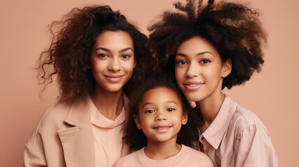 Obraz premium A happy mother and her daughters is beautifully captured in this heartwarming family portrait. Generative AI