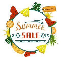 Vector Lettering of summer discounts. Illustration of Watermelon, Pineapple and orange. The concept of a seasonal Sale.