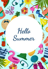 Vector Postcard on the theme of Summer. Image of various Summer items for swimming and relaxing on the Beach. Banner in a vertical form with the concept of a vacation at Sea.