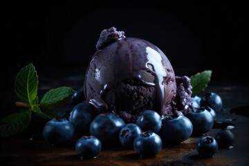 Tasty blueberries ice cream on black wooden background. Ai generative.