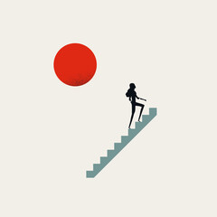 Businesswoman walks up abstract stairs, symbolizing career opportunity, promotion, success. Minimal vector illustration