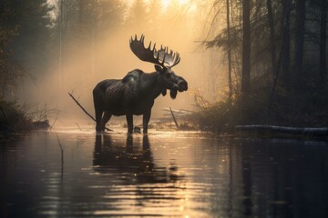 moose in the evening at water. Generative AI