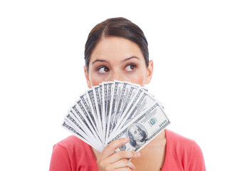 Thinking, money fan and winner with woman in studio for investment, success and growth. Cash, dollar and hmm with curious customer isolated on white background for financial, sale and planning