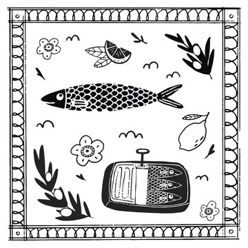 Hand drawn vector fish. Sketch of sardines, canned food, lemon and greens in black and white. vector illustration.