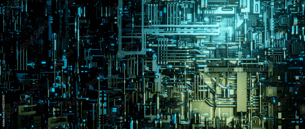 Wall mural abstract high tech digital technology background made of circuits pipes and metallic plates 3d rende
