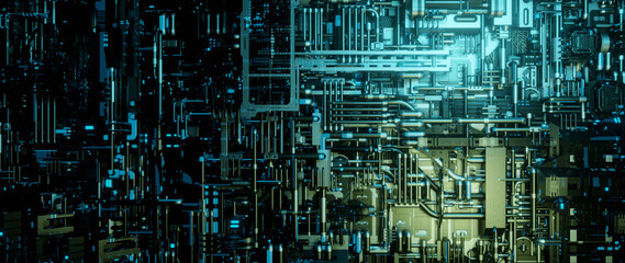 Abstract high tech digital technology background made of circuits pipes and metallic plates 3D Render