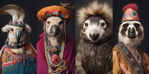 Collage of animals in traditional clothing representing different cultures and customs from around, concept of Cultural representation through animal clothing, created with Generative AI technology