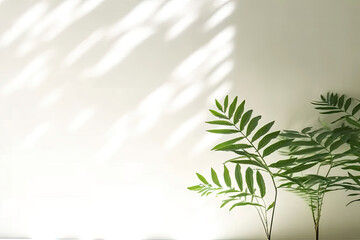 Fototapeta na wymiar Minimal abstract background for product presentation. Shadow of plant leaves and curtains, white wall and green plant. made with Generative AI
