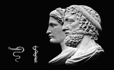 God of treatment and Asclepius and his daughter goddess of medicine Gig. Ancient statues on black...
